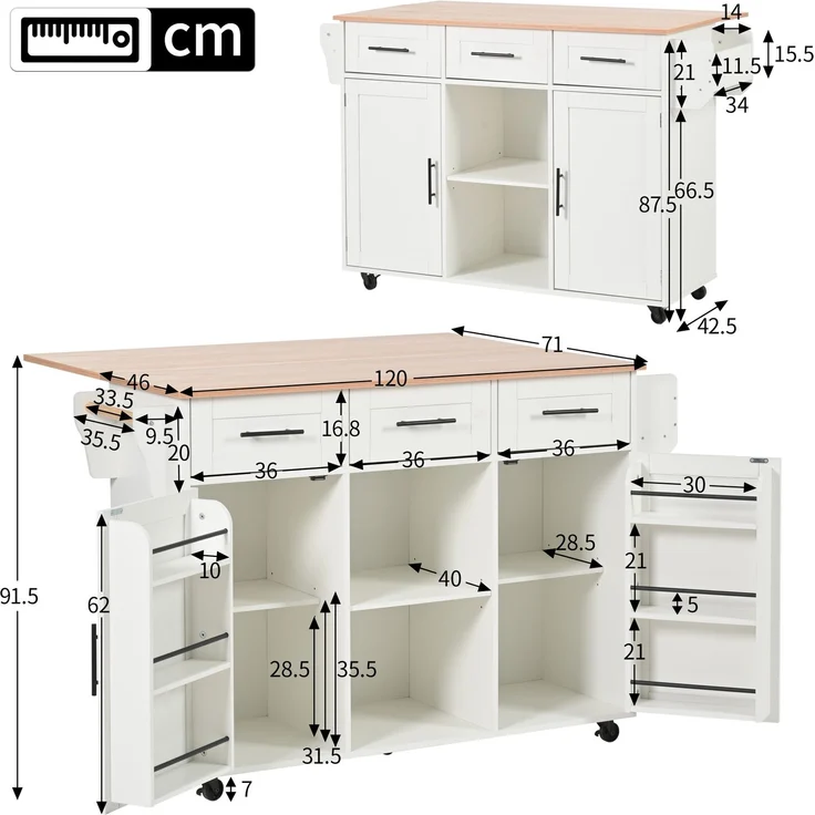 Küchenwagen 139x46(71)x91,5 cm mit klappbarer Arbeitsplatte, Schubladen und Rollen – Weiß – Bild 5