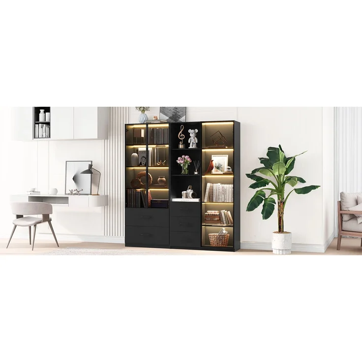 ZUBALIYA LED-Vitrine 140×40×160 cm – Bücherregal und Multifunktionsschrank mit Glas- und offenen Fächern, sanft schließenden Scharnieren, mehrfarbiger LED-Beleuchtung, staubdichter Glasvitrine,Bücherregal – Bild 21