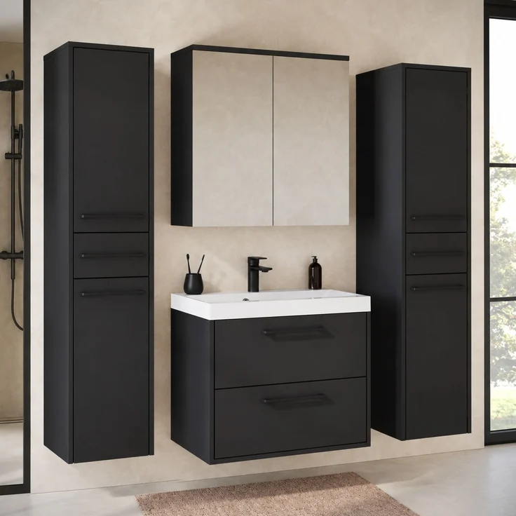 Badplaats Badmöbel Komplettset Florence XL 60 x 35 cm Schwarz Mat - Badezimmermöbel mit Waschbecken, Spiegelschrank und 2 Hochschränke – Bild 2