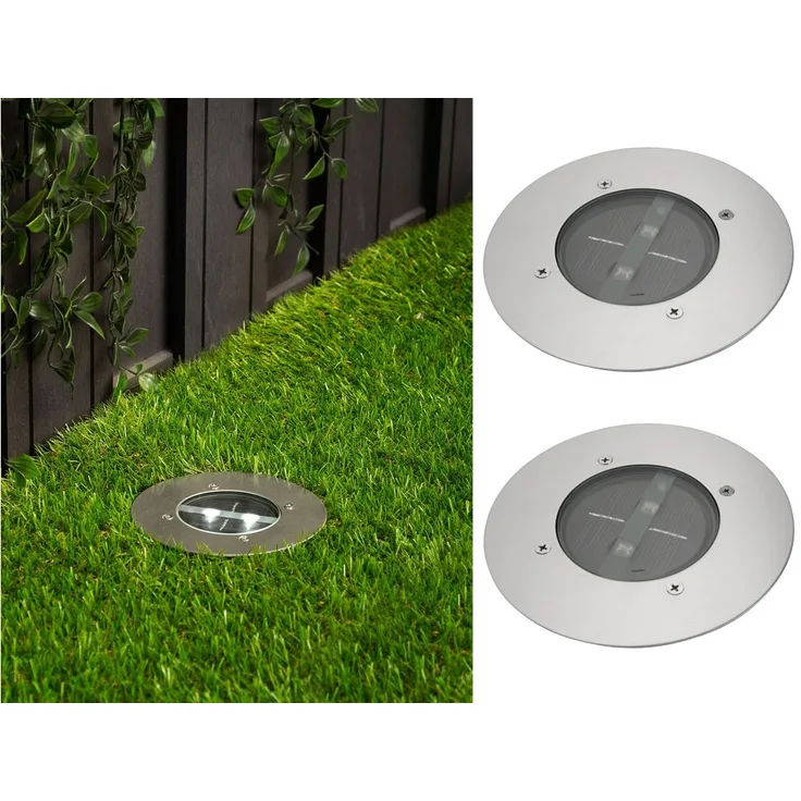 Solar LED Bodeneinbaustrahler 2er SET für Außen, Edelstahl rund Ø14cm IP67