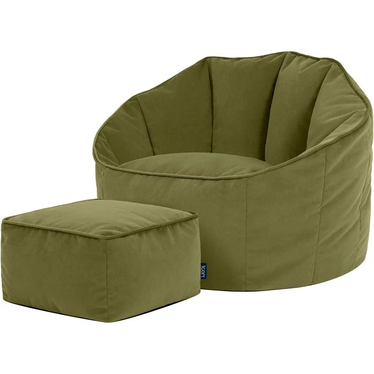Icon Sirena Sitzsack Sessel und Hocker mit Füllung, Grün | In Deutschland Hergestellt, Sitzsack Sessel, Flauschiger Samtstoff, Bequemer Sessel für das Wohnzimmer und Schlafzimmer
