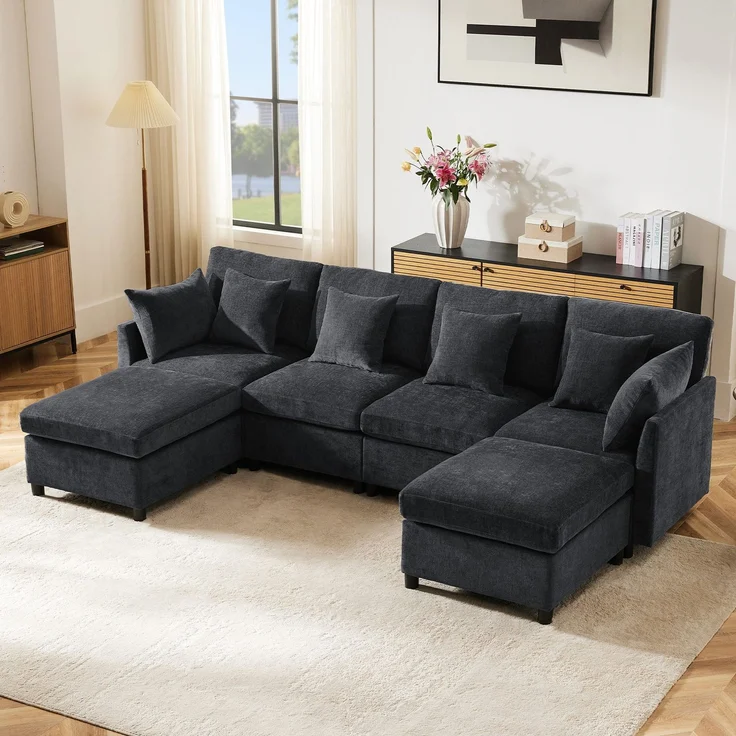 Big-Sofa mit Rückenkissen, Zierkissen und loser Kissen, 6-Sitzer Sofa, L-Form, U‑Form, Chenille Bezug – Bild 1