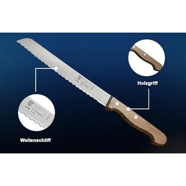 SMI Brotmesser Solingen Brotmesser 20 cm Wellenschliff Brötchenmesser Buchenholz – Bild 3