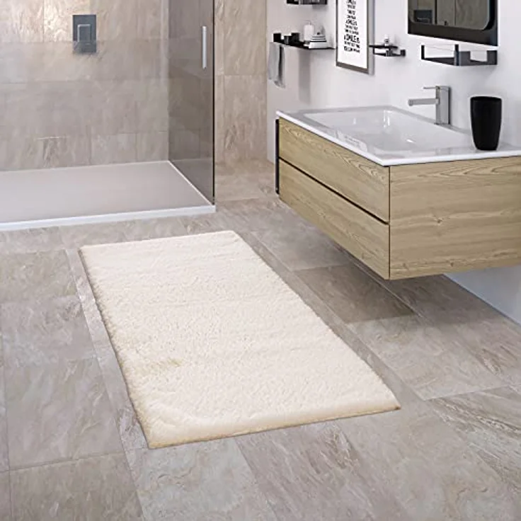 Paco Home Badezimmerteppich Duschvorleger Shaggy, rutschfest, flauschig, Waschbar, einfarbig, 50x80 cm, creme – Bild 1