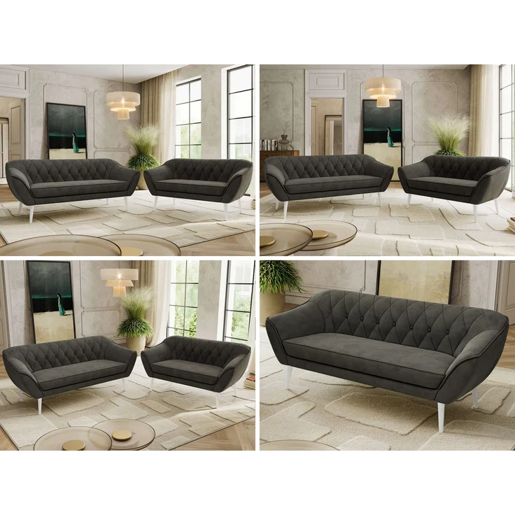Skandinavisches Sofa Set PIRS 3-2, Komplettset, Wellenfederung, weiße Füße, Sitzgruppe, Polstermöbel Set - Dunkelgrau Velvet – Bild 2