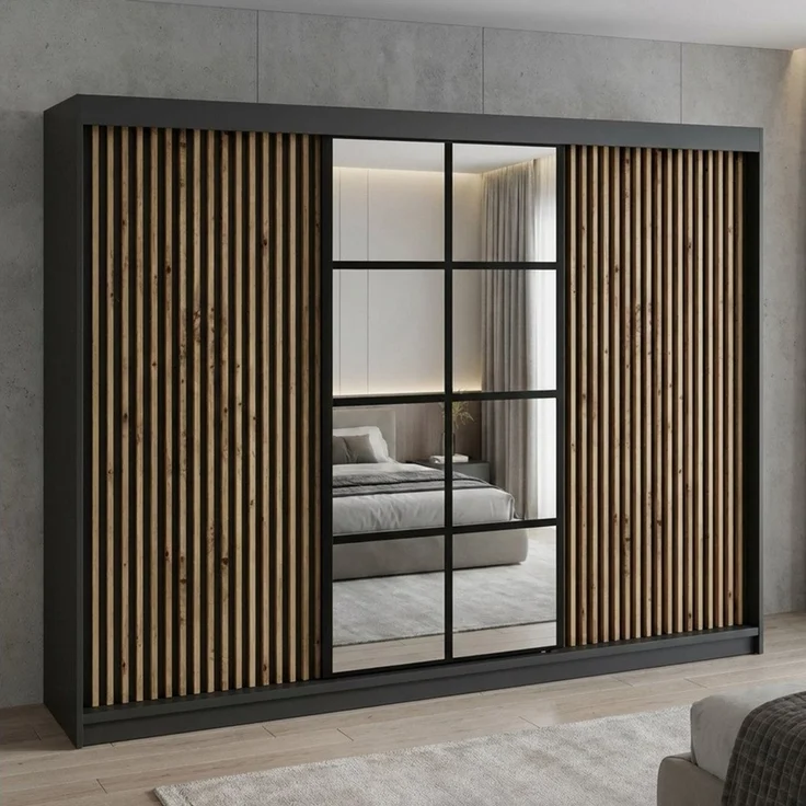 A&J MöbelLand GmbH Schiebetürenschrank NORIVO 200 cm mit 3D-Lamellen und Spiegelfront (TOP ANGEBOT! Geräumiger Schrank mit einer Breite von 200 cm ideal zur Aufbewahrung von Kleidung und Accessoires. Wählen Sie das ideale Modell für Ihr Schlafzimmer!, ... – Bild 2