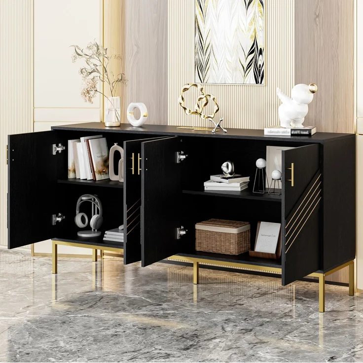 DESVIAE Sideboard mit 4 Türen und verstellbaren Einlegeböden 160x80,5x40 cm MDF Schwarz Holzoptik – Bild 5