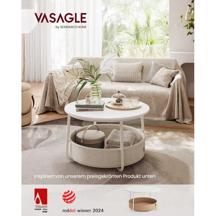 Vasagle Couchtisch, Holzspanplatte / Stahl, wolkenweiß / kamelbraun, 75 x 75 x 45 cm – Bild 3