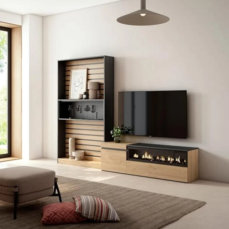 Skraut Home | Wohnwand Wohnzimmer | Wohnzimmermöbel, Möbelset | 260x186x35cm | Für TV-Geräte bis zu 65" | Elektrokamin. | Moderner Stil | Eiche Schwarz – Bild 2