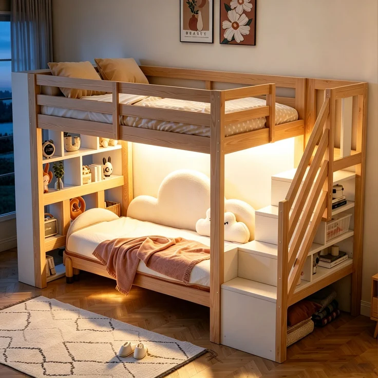 Bett als Hochbett 90x200 cm aus Kiefernholz und MDF mit Stauraum und LED, ohne Matratze – Bild 1