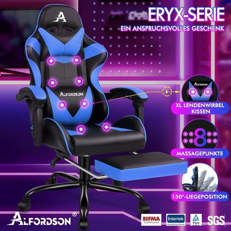 Gaming-Stuhl LED Racing Gamer mit 12-Farben RGB Massage Lordosenstütze Fußstütze – Bild 3