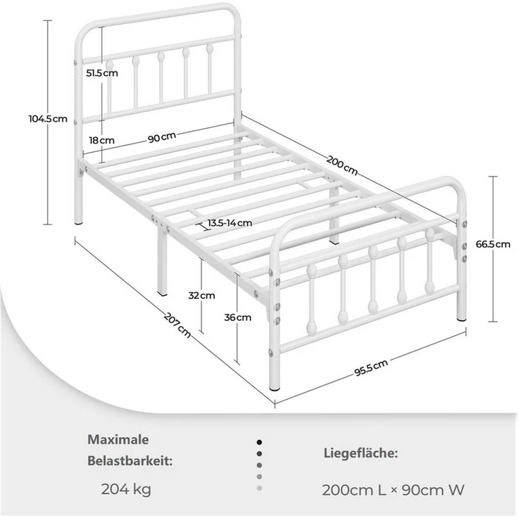 Yaheetech Bettgestell Metallbett, Metall Bettrahmen mit Kopfteil, Metall Weiß, 90 x 200 cm – Bild 3
