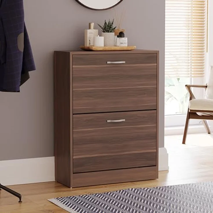 Vida Designs Schuhschrank mit 2 Schubladen, Schrank, Schuhaufbewahrung, Organizer, herunterziehbares Holzmöbel, Walnuss – Bild 2