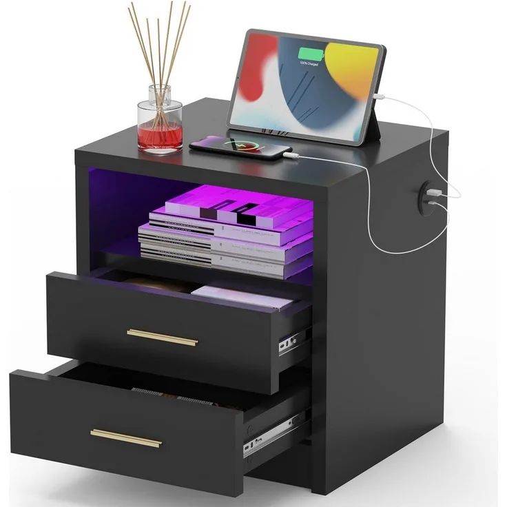 oyajia Nachttisch Nachtschrank mit 2/3 Schubladen, Beistelltisch mit Ladestation und LED (1-st RGB Nachttisch mit Schubladen und Ladestation), Nachttisch mit Schubladen, Einstellbare Farben, Type-C, USB-Anschlüsse