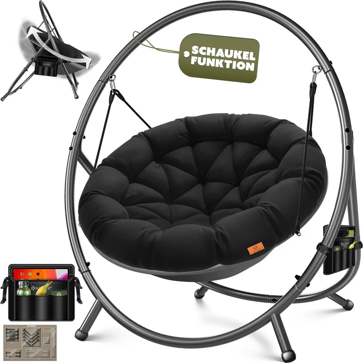 KESSER® 'BALI' Hängesessel, mit Gestell, bis 150kg, für Indoor und Outdoor + Kissen & Seitentasche, Stahlgestell/Schaumstoff Schwarz, 167,5 x 140 x 115,5 cm – Bild 1