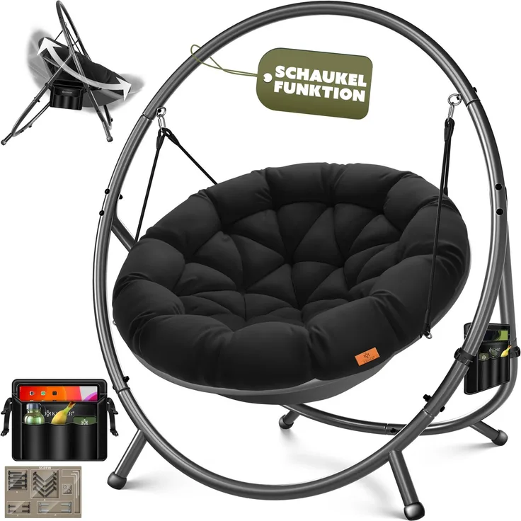 KESSER® 'BALI' Hängesessel, mit Gestell, bis 150kg, für Indoor und Outdoor + Kissen & Seitentasche, Stahlgestell/Schaumstoff Schwarz, 167,5 x 140 x 115,5 cm