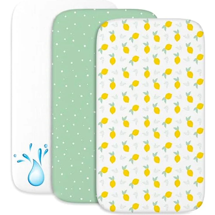 2X Spannbettlaken aus 100% Baumwolle mit Gummiband - 1X Matratzenschoner aus 100% wasserdichtem Material - 3er-Set - 55x90 cm - Zitrone – Bild 2