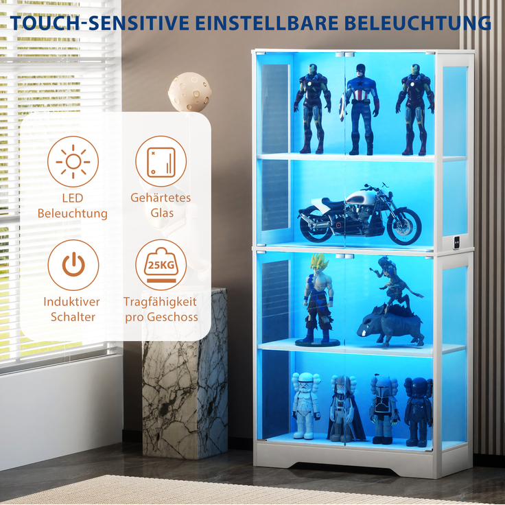 Glasvitrine 80 x 35 x 165 cm in Weiß mit LED-Beleuchtung und Bewegungssensor – Bild 8