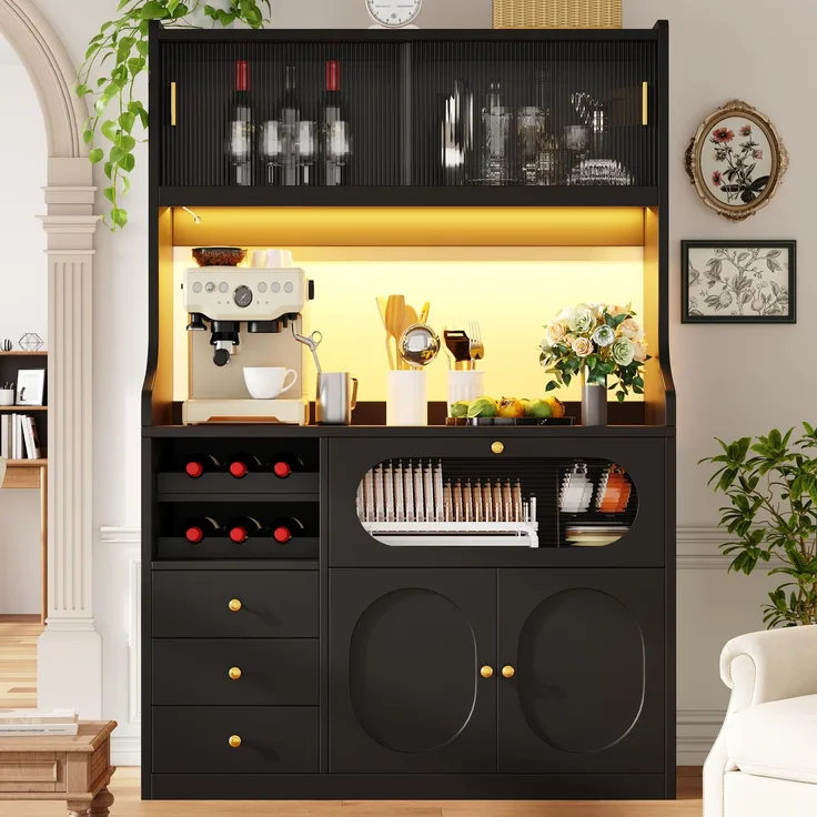 EINHOM Hochküchenschrank 120 cm mit App-gesteuerter RGB-LED, Glasschiebetüren, Weinregal & Klapptüren nach oben, 3 Schubladen, Weiß/Schwarz, Schwarz