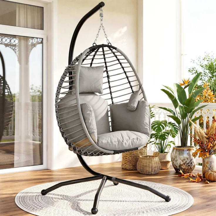 MELAYR, Hängesessel, Sitz- und Rückenkissen, faltbarer Sitzkorb, Becherhalter, Metallgestell, Grau, 110 x 100 x 188 cm – Bild 4