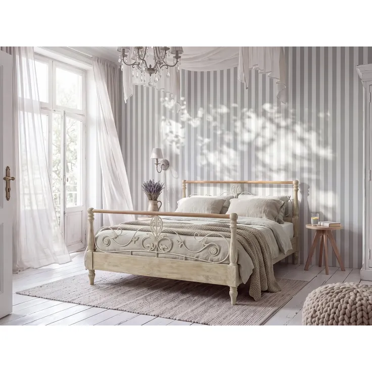 Bett 180x200 Gladis Woodkings Massivholz Mango weiß Landhausstil Holzbett mit Metallverzierungen Kopfteil Vintage Shabby-Chic Antik-Look