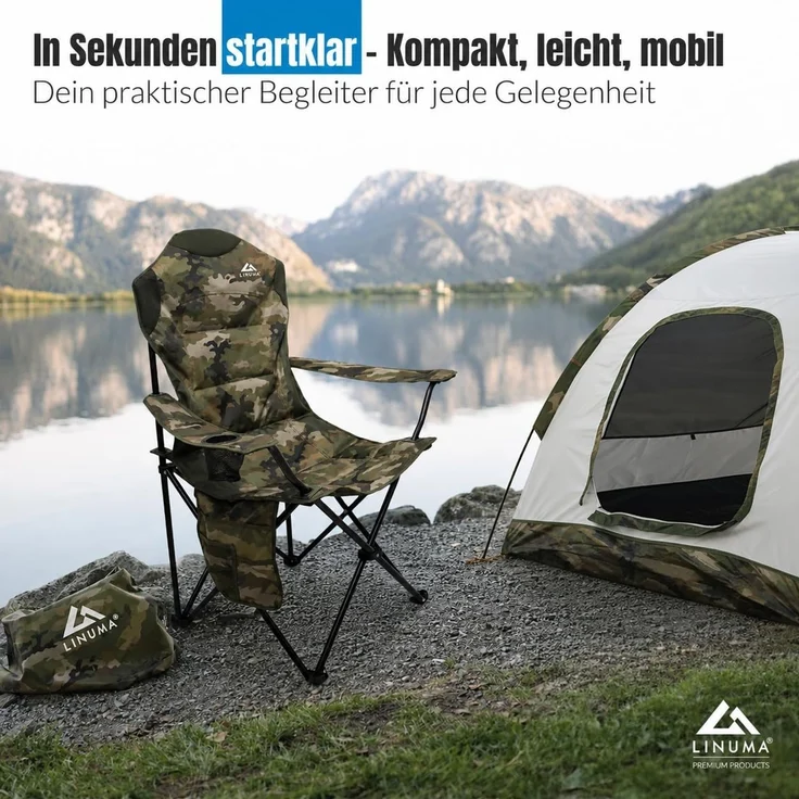 LINUMA® Luxus Faltstuhl PRO CAMOUFLAGE Campingstuhl Anglerstuhl mit Getränkehalter & Tragetasche – Bild 3