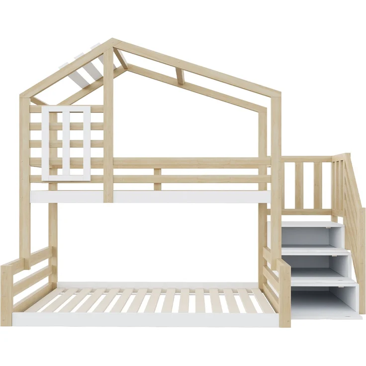 Etagenbett 140x200 Kinderbett Hausbett Kiefernholz+MDF, Geländer & Stauraum,Weiß & Natur – Bild 8