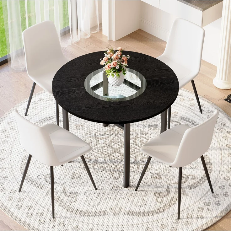 Esstisch-Set mit Glasintarsie & Ablage, Ø 100x76 cm, Schwarz in Holzoptik/Weiß – Bild 2