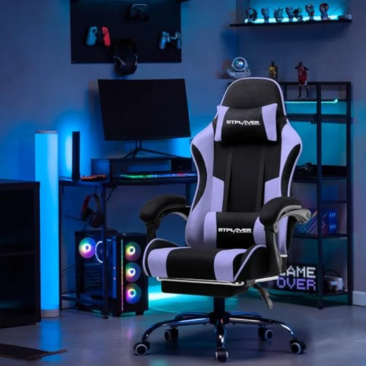 GTPLAYER Gaming Stuhl, Bürostuhl, Ergonomischer Pc Stuhl, Gaming Sessel mit Massagelendenwirbelstütze, Task Stühle mit Fußstütze und Kopfstütze, Lila Stoff – Bild 8