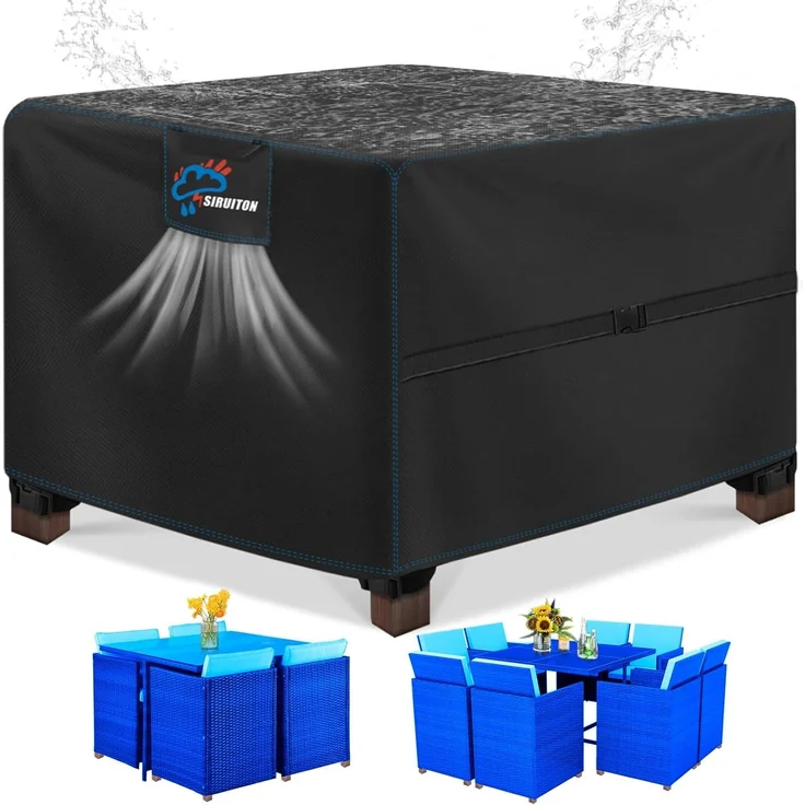 SIRUITON 120 x 120 x 74 cm Gartenmöbel Abdeckung mit Belüftungsöffnungen , Wasserdicht, Winddicht, UV-Beständiges, Schwerlast 420D Oxford Gewebe Schutzhülle für Gartentisch Sitzgruppe, Rechteckig -Schwarz – Bild 1