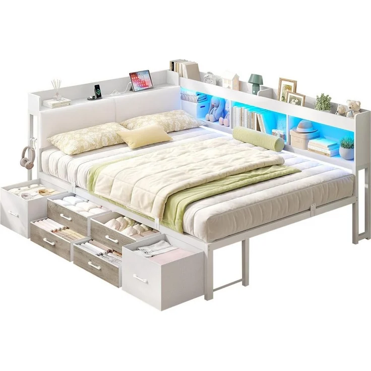MSMASK Daybett Tagesbett Schlafsofa mit LED-Beleuchtung & Ladestation, Jugendbett mit 6 Staufächern und 6 Schubladen – Liegefläche 140x190 cm – Bild 3