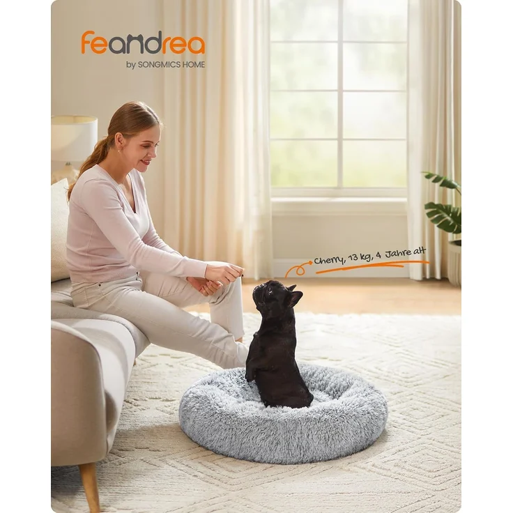Feandrea Hundebett flauschig, Katzenbett, Donut Kissen, waschbar, Polsterung in der Mitte herausnehmbar, Langer Plüsch, 70 cm Durchmesser, Ombré-Grau PGW039G01 – Bild 2