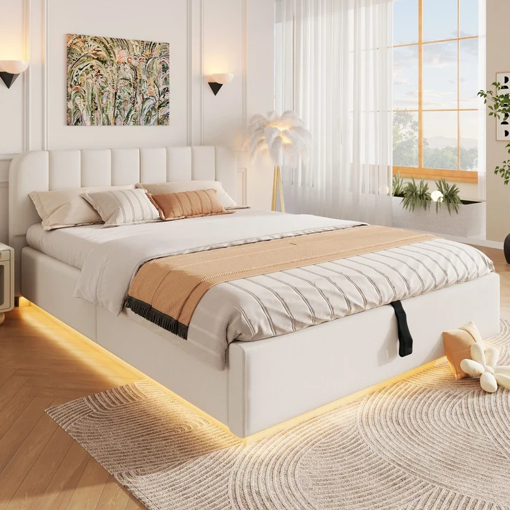 Polsterbett mit LED-Beleuchtung und Stauraum, 140x200 cm, gepolsterter Kopfteil, Stauraumbett, Chenille – Bild 3