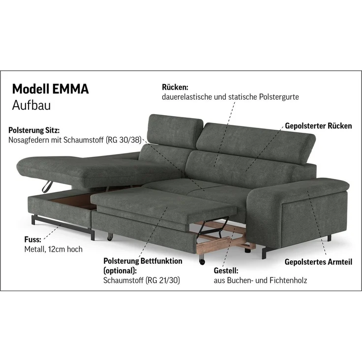 COTTA Ecksofa Emma L-Form, B: 267 cm, mit Kopfteilverstellung, optional Schlaffunktion & Bettkasten – Bild 4