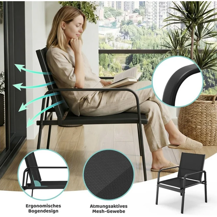 Mondeer Gartenmöbel Set, Balkon Möbel Set 4-TLG mit Armlehnen, Terrassenmöbel mit Tisch Sofa und 2 Stühlen, Textilene, für Garten Balkon Außen, Schwarz – Bild 4