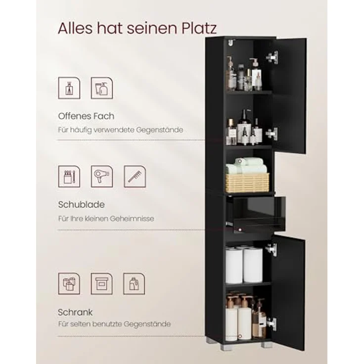 VASAGLE Badezimmerschrank, Badschrank, Badezimmermöbel mit Einer Schublade, verstellbare Ablagen, offenes Fach, 30 x 30 x 170 cm, tintenschwarz BBC560B01 – Bild 5