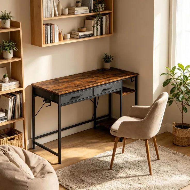 Schreibtisch 120x51x75 cm in Rustik Braun mit 2 Stoffschubladen und Ladestation