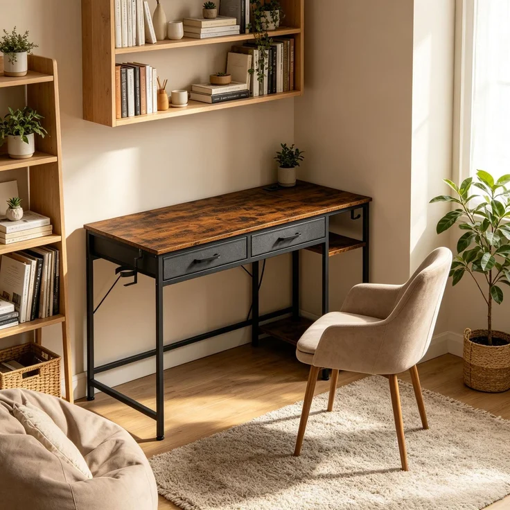 Schreibtisch 120x51x75 cm in Rustik Braun mit 2 Stoffschubladen und Ladestation – Bild 1