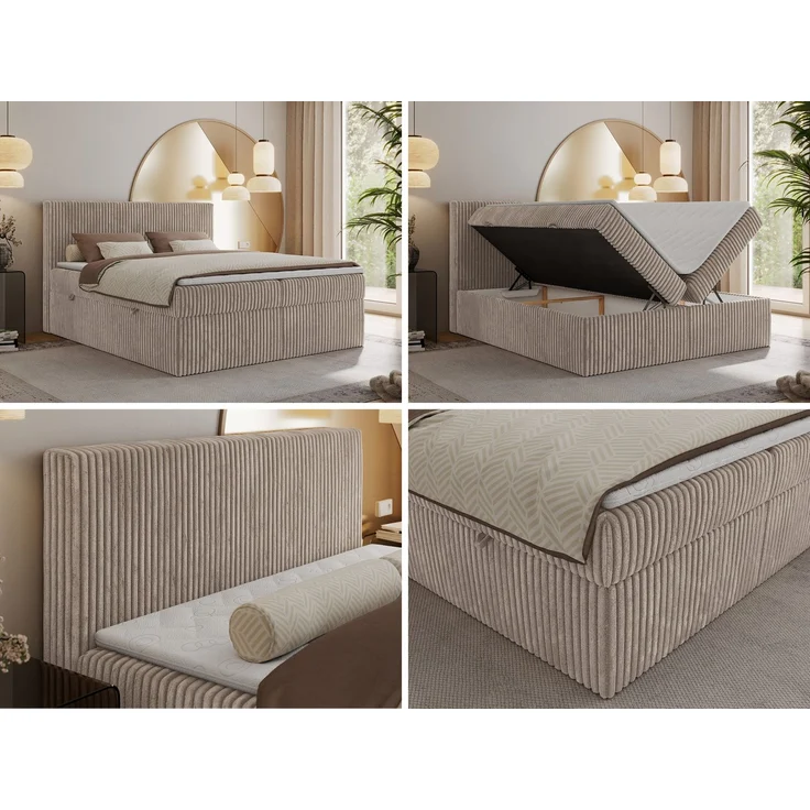 Boxspringbett mit Kopfteil und Topper T25, Cord Bett - TILIANO - 140 x 200 cm - Hellbraun Cord - H4 – Bild 2