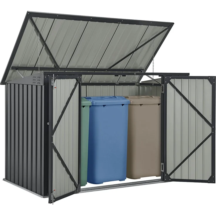 Juskys 3er Mülltonnenbox Namur 3 x 120 Liter Tonnen - 2 m² - 2 große Türen - Metall Mülltonnenverkleidung Müllbox Müllhaus Aufbewahrungsbox – Bild 1