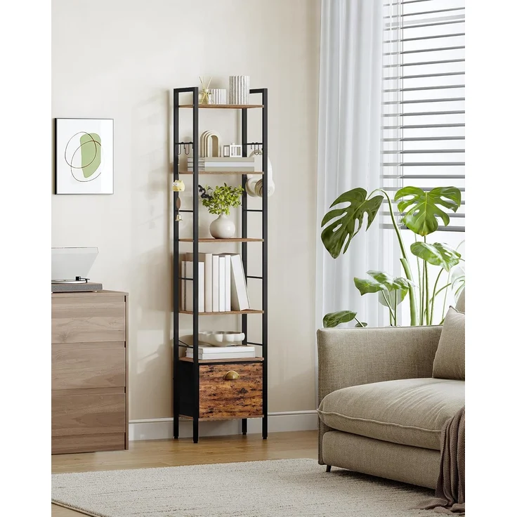 Bücherregal, 6 vertikale Regale mit 1 Zusammenklappbare Stoffschubladenund 4 Haken, offene Regale, Metallrahmen, geeignet für Arbeitszimmer, Wohnzimmer Vintagebraun-Schwarz – Bild 7