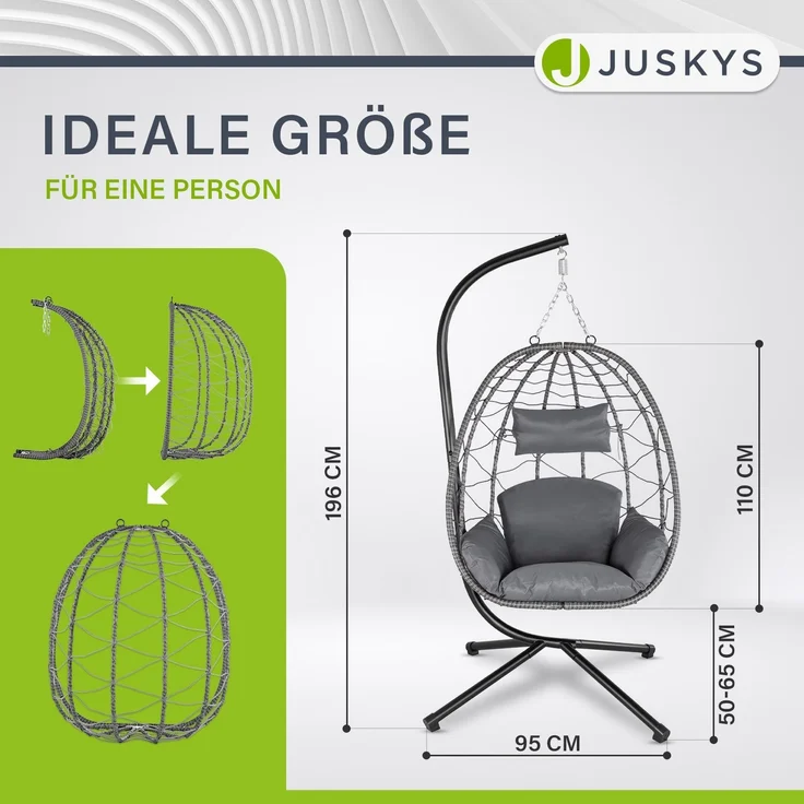 Juskys 'Aria' Hängesessel mit Kissen, höhenverstellbar & faltbar, Polyrattan dunkelgrau, bis 130 kg belastbar – Bild 2