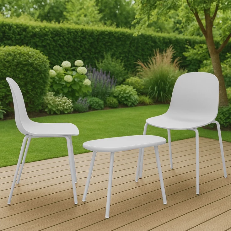CLP 2er Sitzgruppe Veldin Set 1 Tisch 2 Stapelstühle wetterfest UV-beständig,weiß – Bild 4