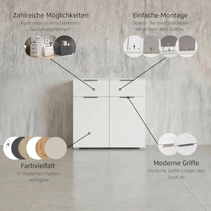 Rauch Möbel Alabama, Kommode für Schlafzimmer, Kinderzimmer, Garderobe, Flur, 2-türig, mit 2 Schubladen, Soft-Close-Funktion, Farbe Weiß, Griff Alufarben, Maße 80 x 81 x 42 cm – Bild 6