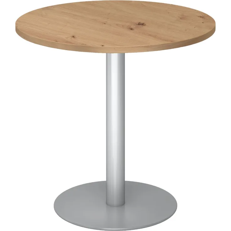 bümö Besprechungstisch, Esstisch klein, Tisch rund 80 cm - kleiner Esstisch Asteiche, Rundtisch Esstisch 2 Personen mit Holz-Platte, Säule aus Metall in silber, Konferenztisch, Bistrotisch, STF08-R-S
