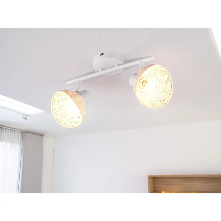 LED Deckenstrahler 2-flammig Weiß, Lampenschirme Rattan, Breite 40cm – Bild 1