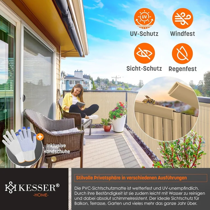 KESSER® PVC Sichtschutzmatte Sichtschutzzaun 80x300 cm | Balkonverkleidung Windschutz | verstärkte Lamellen für Garten Balkon & Terrasse | Balkonumrandung inkl. Kabelbindern & Abdeckung Bambus – Bild 4