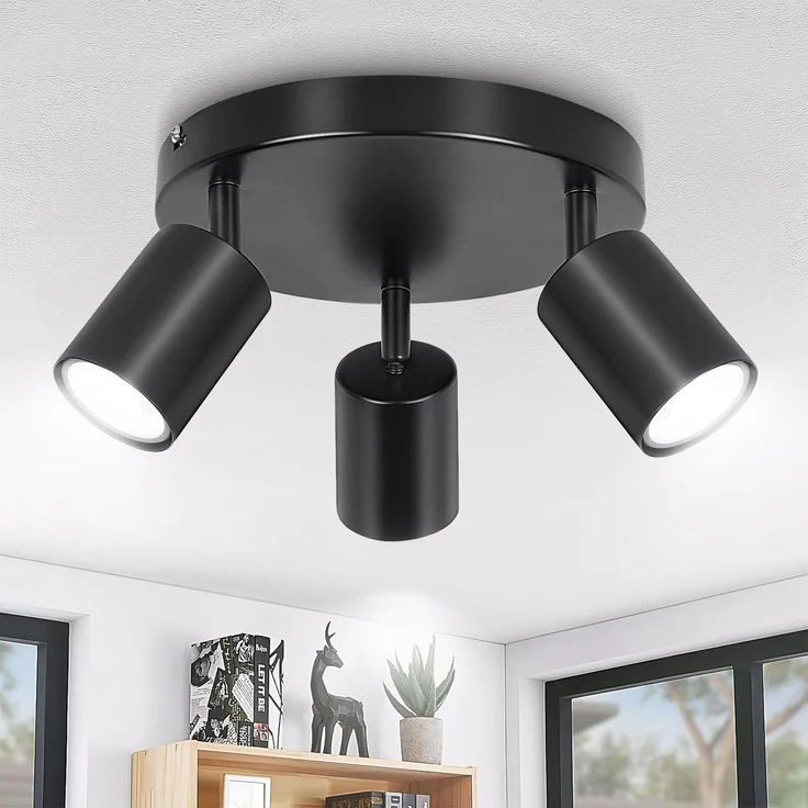 Ketom LED Deckenstrahler Schwarz, LED Deckenlampe 3 Flammig Rund, Srahler Deckenleuchte GU10, Modern Deckenspot Lampe für Küche, Wohnzimmer, Ohne Leuchtmittel