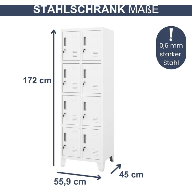 Schließfachschrank Spind TAMPA - 8 Fächer, Etikettenhalter Lüftungsschlitze | Wertfachschrank Umkleideschrank Metall Kleiderspind, 172 x 55,9 x 45 cm Weiß – Bild 2