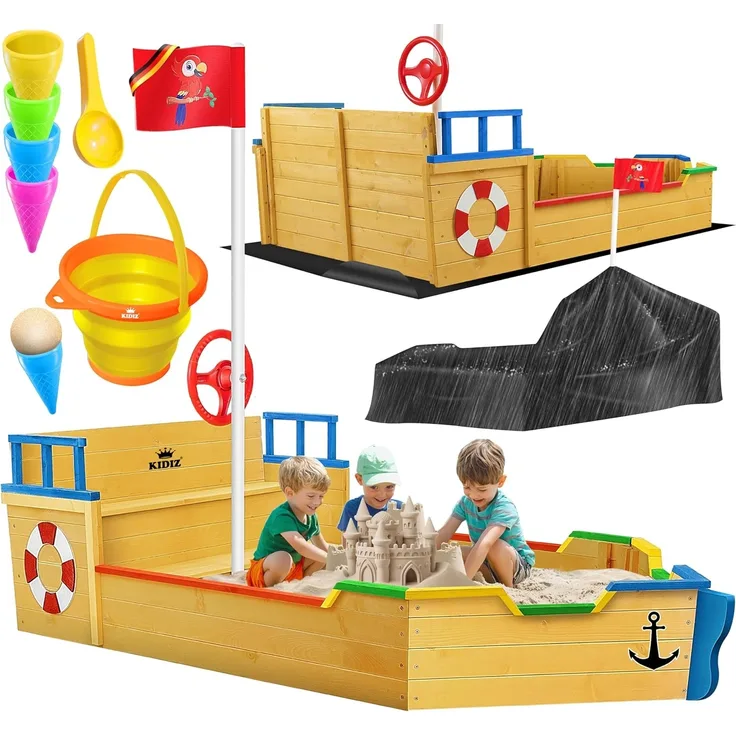 KIDIZ Sandkasten 'Ahoi - Piratenschiff', Tannenholz Natur, 195 x 94 x 136 cm
